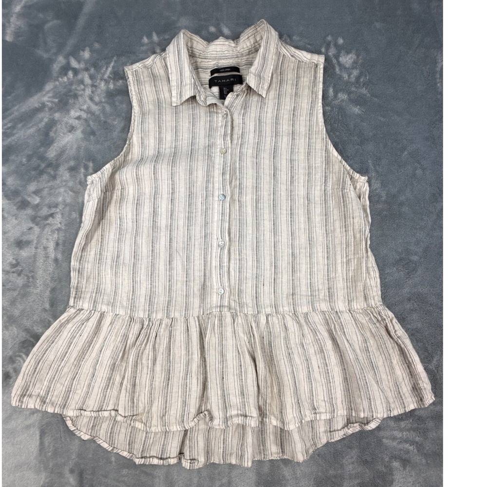 Tahari Womens Large 100% Linen Sleeveless Peplum Button Down Pinstripe Top Beige